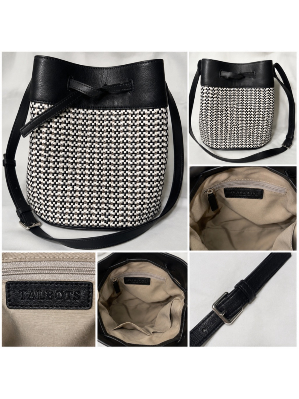 Talbots Woven Bucket Bag Black White Crossbody Boho Coastal Chic Purse